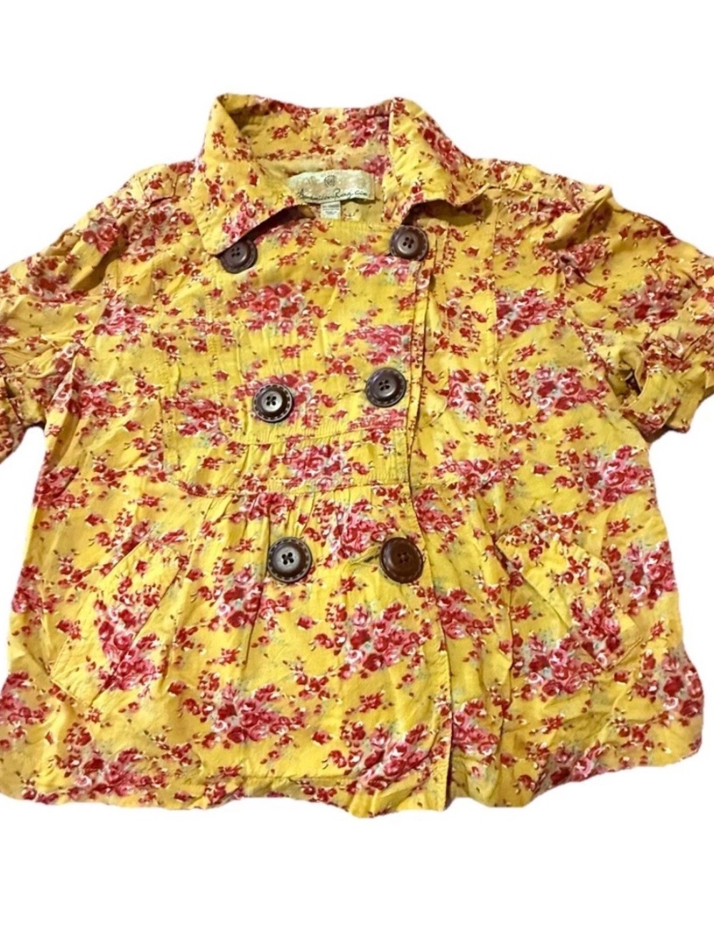 American Rag Cie Women Medium Yellow Floral Pink Red Buttons Blouse Feminine